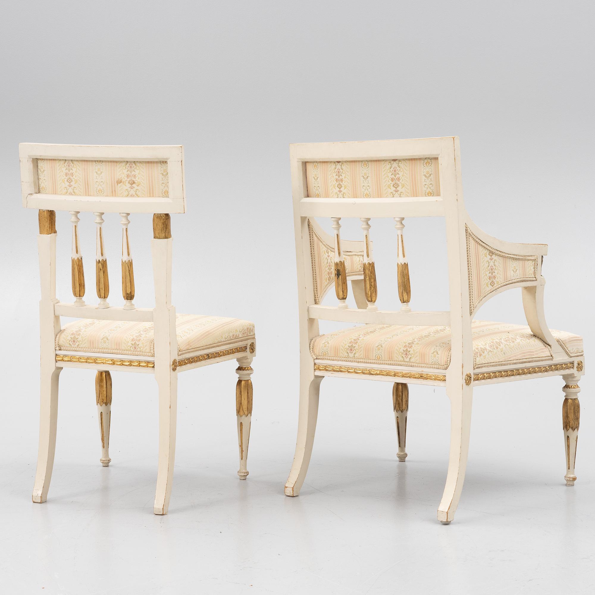 A pair of chairs and an armchair, late Gustavian style, early 20th century.
