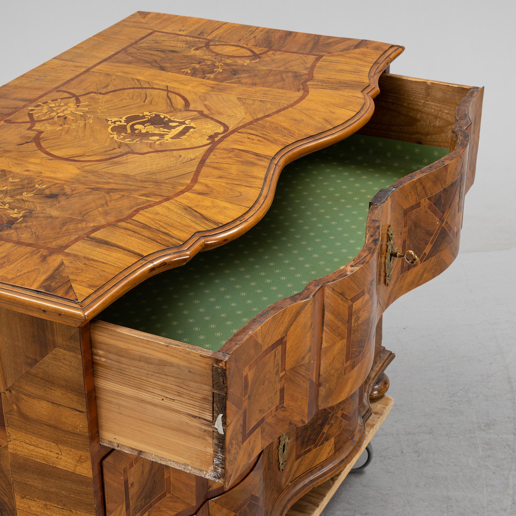 A central european late baroque chest of drawers, first part of the 18th century.