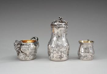 A Swedish 19th century parcel-gilt four piece coffée-set, makers mark of Gustaf Möllenborg, Stockholm 1849.