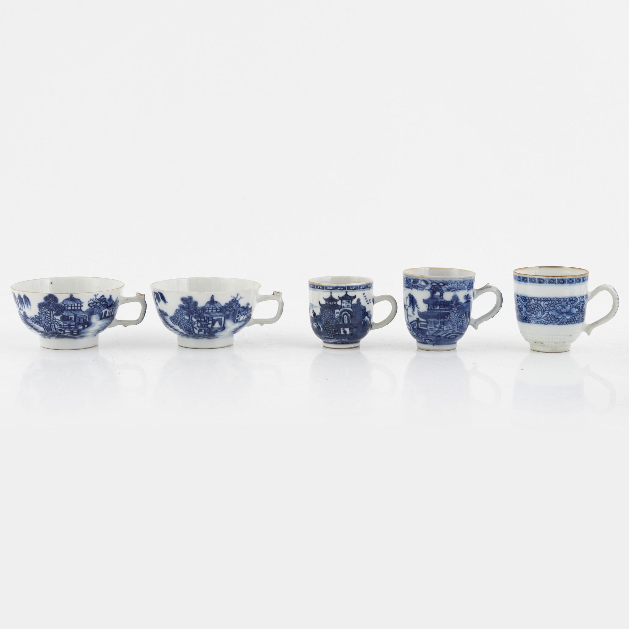 A group of thirteen cups, a bowl and a cup holder, four saucers, partly China and 18th century,