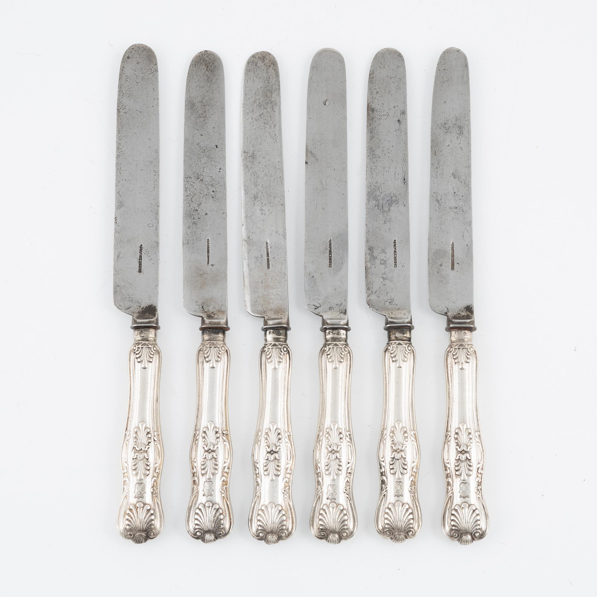 Johan Petter Grönvall, matknivar, 6 st, silver, Engelsk snäck, Stockholm 1837.