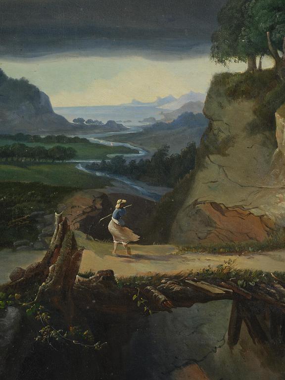 Okänd konstnär, 1800-tal, Oväderslandskap med herdinna och får.