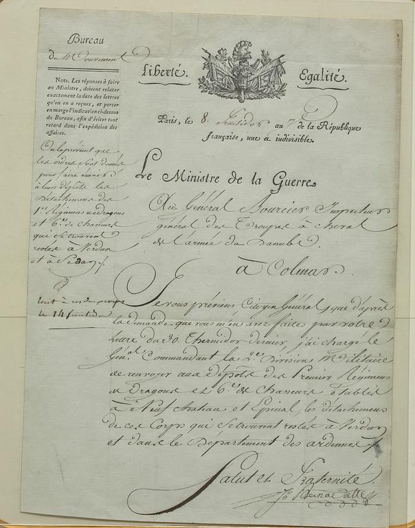 MILITÄRORDER, undertecknad av Jean Baptiste Bernadotte, 1799.