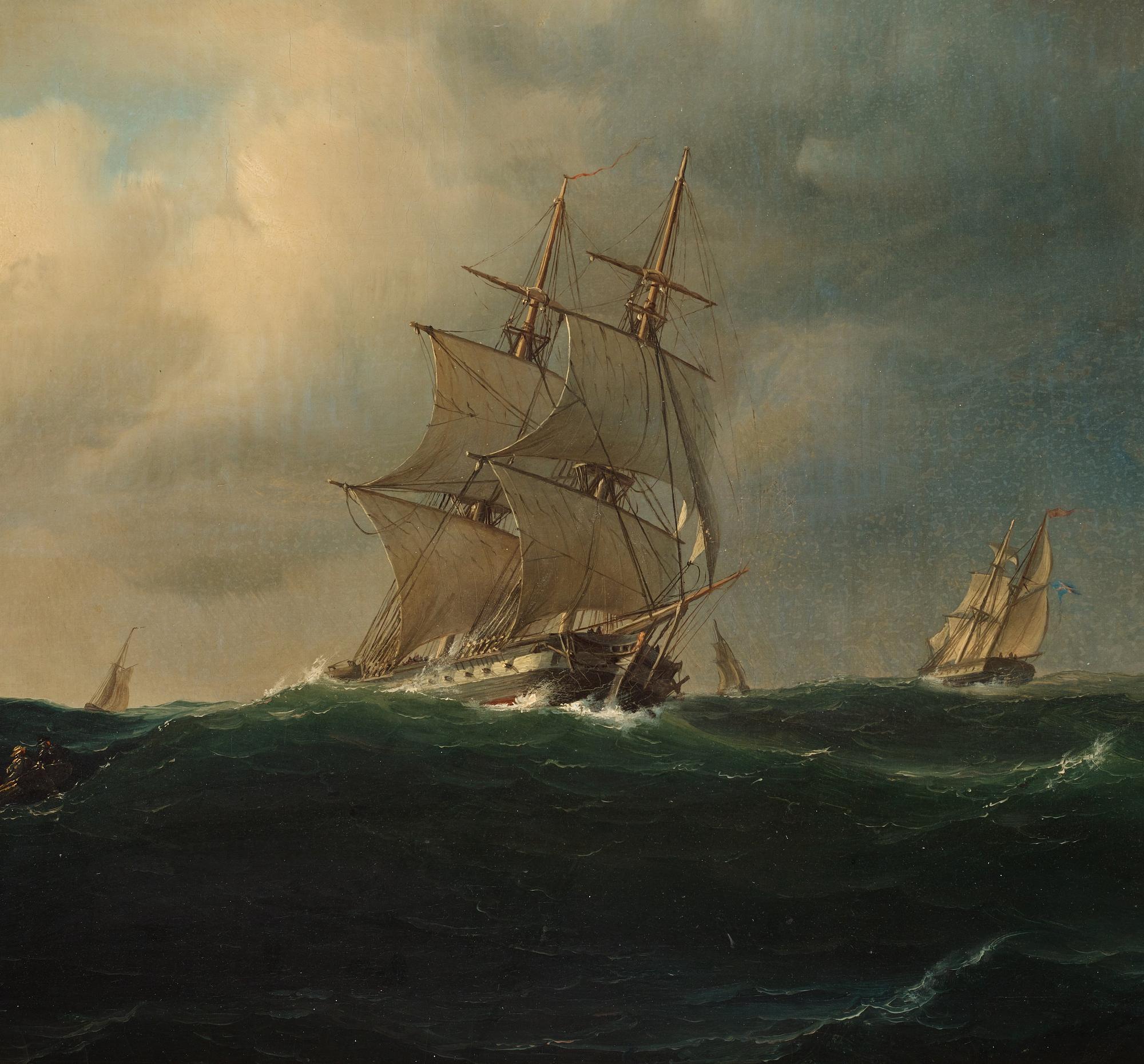 Marcus Larsson, ”Sjöstycke”. Marin med segelfartyg, ångbåt och figurer i roddbåt.