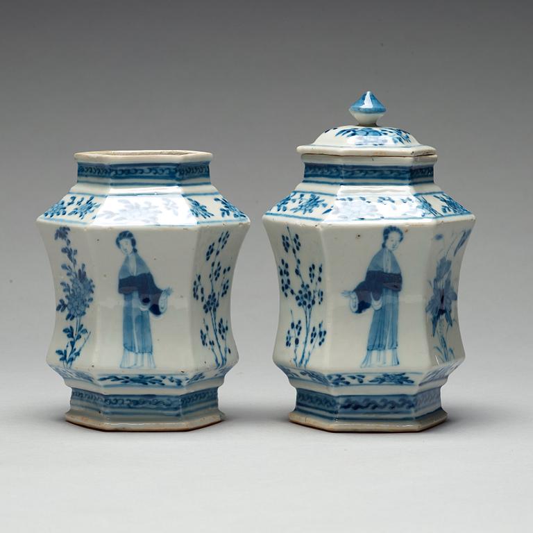 Two Chinese blue and white jars, one with cover, circa 1900.