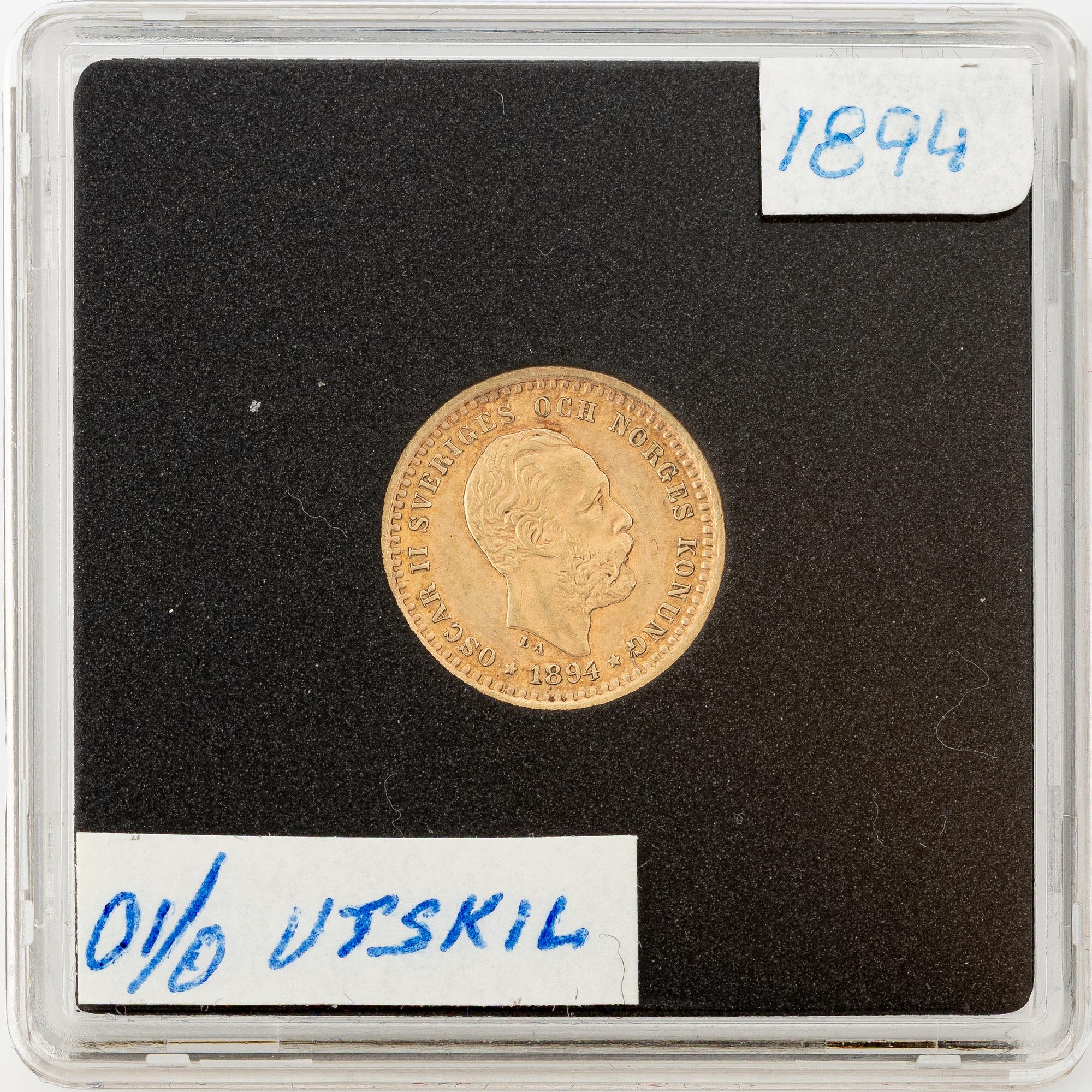 Guldmynt, Oscar II, 5 kronor, typ I, Sverige 1894.