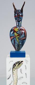 An Ulrica Hydman-Vallien painted glass sculpture, Kosta Boda, Sweden 1986.