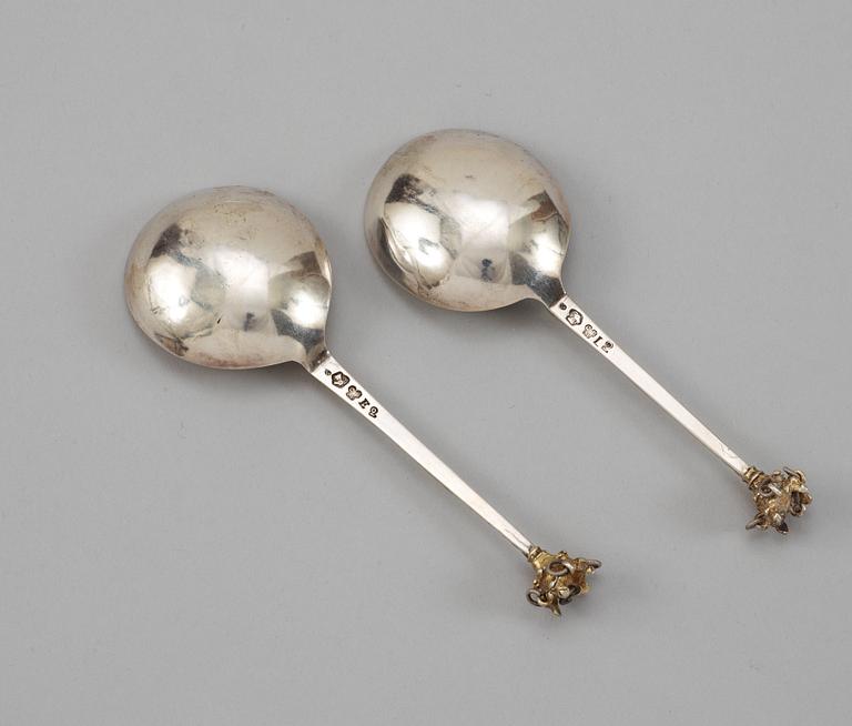 TWO SWEDISH PARCEL-GILT SPOONS, makers mark of Christoffer Bauman, Hudiksvall 1787 and 1793.