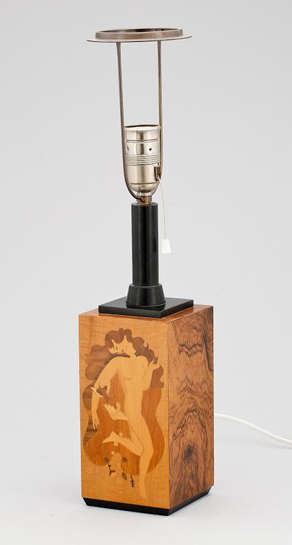 BORDSLAMPA, trol Mjölby intarsia, 1930/40-tal.