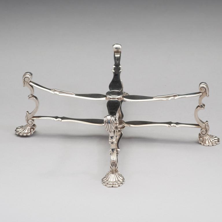 An English 18th century silver dish-cross, marked Robert Tyroll, London 1744.