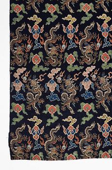 A set of three bolts of silk with 'five clawed dragons' against a midnight blue ground, Qing dynasty, 19th century.