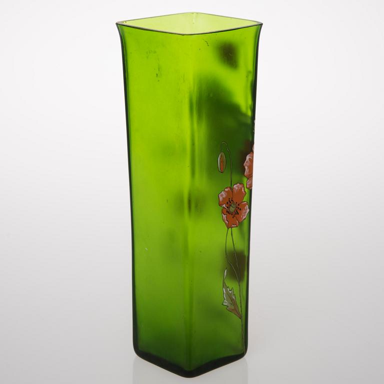 A VASE, glas with painted decoration, Jugend ca 1900.