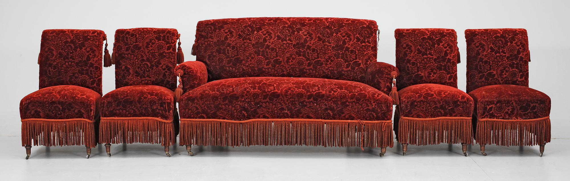 SALONGSGRUPP, 5 delar, klunkestil, sent 1800-tal.