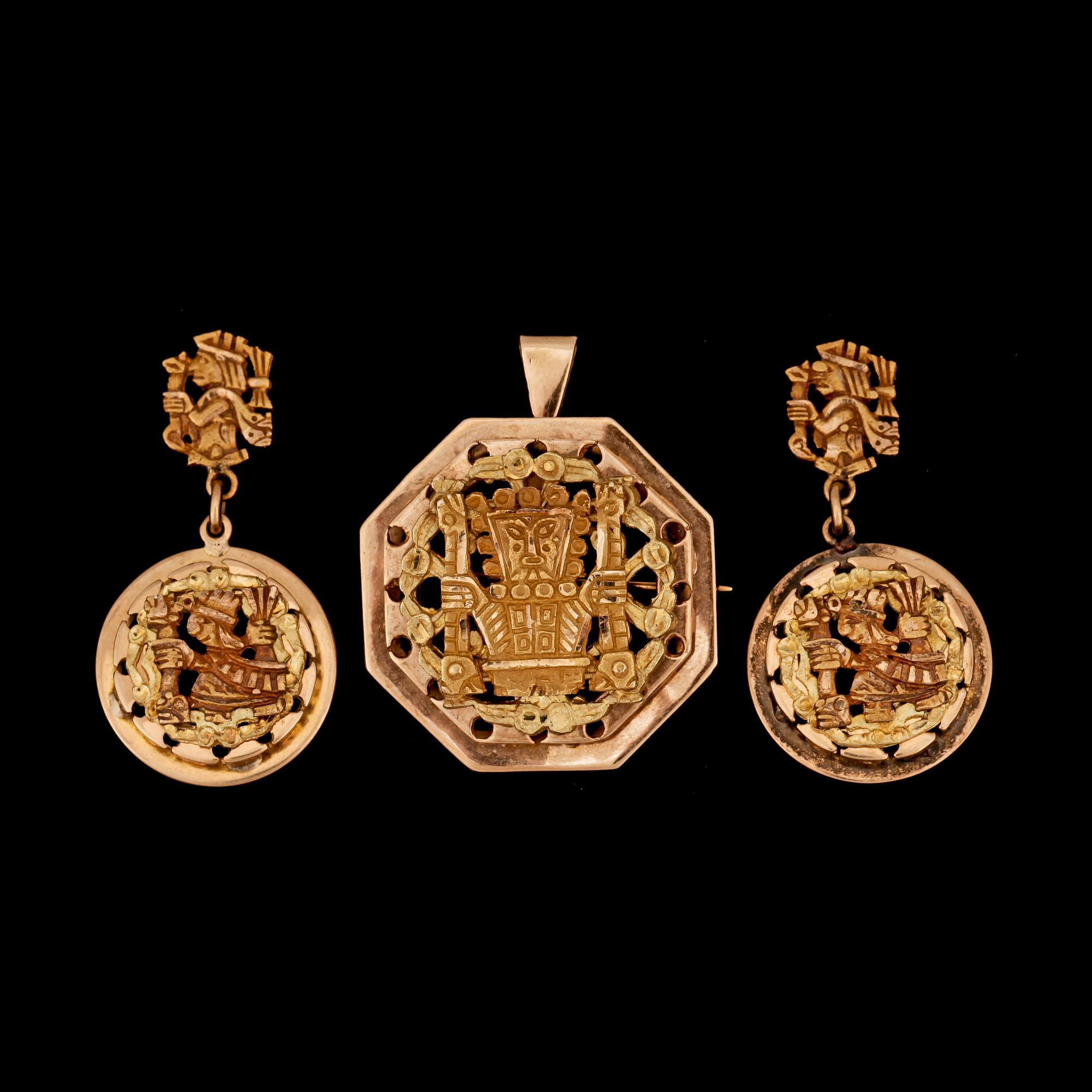 SMYCKESET, 2+1 delar, 18k guld, Peru, 1900-talets mitt. Vikt 25,6g.