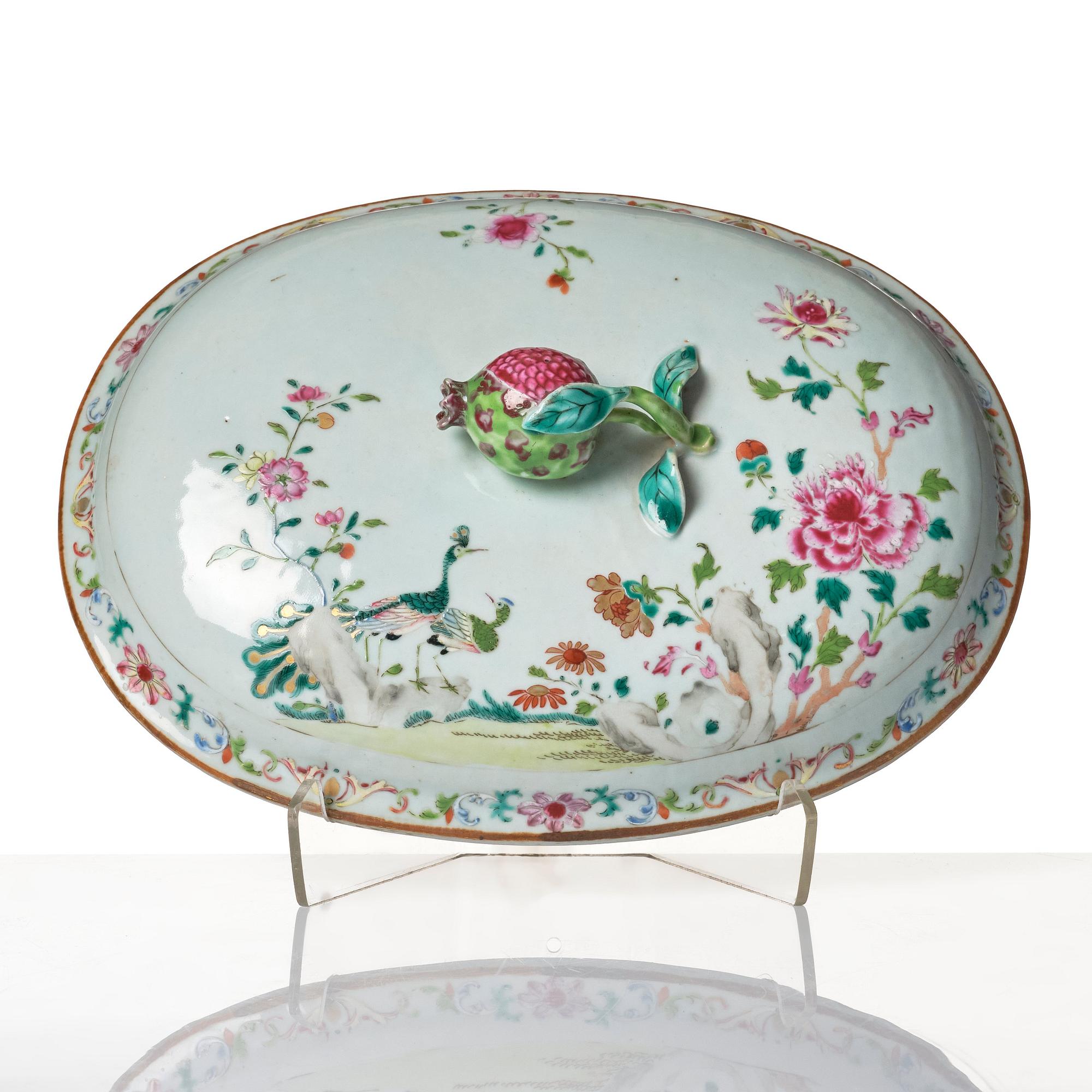 A famille rose 'double peacock' tureen with cover and stand. Qing dynasty, Qianlong (1736-95).