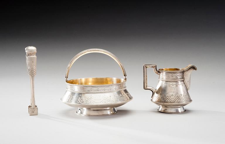 RUSSIAN SUGAR BOWL, SUGAR TONGS AND MILK JUG.