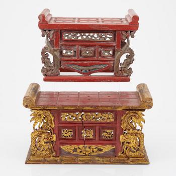 Two red lacquer and gilded altar tables, Indonesia, Jakarta, 20th Century.