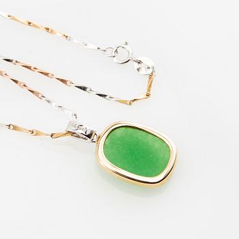 Necklace 14K tri-colour gold with diamonds and green faceted stone.