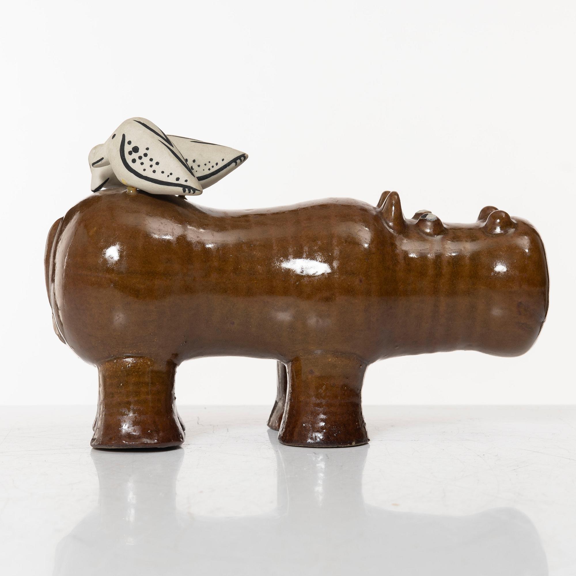 Lisa Larson, a 'Flodhäst med fåglar' (Hippo with Birds) figurine, Gustavsberg, Sweden.