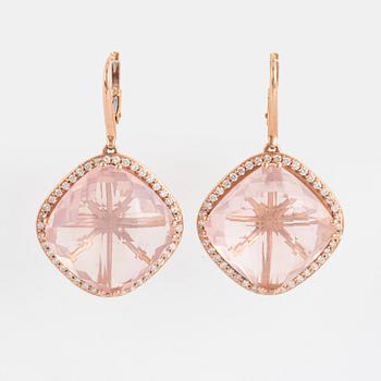 Checker-cut rose-quartz and brilliant-cut diamond earrings.