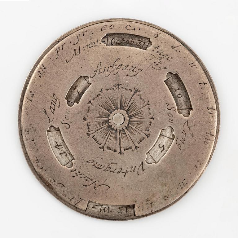 Evighetskalender, silver. Tidigt 1700-tal, troligen Augsburg. Barock.
