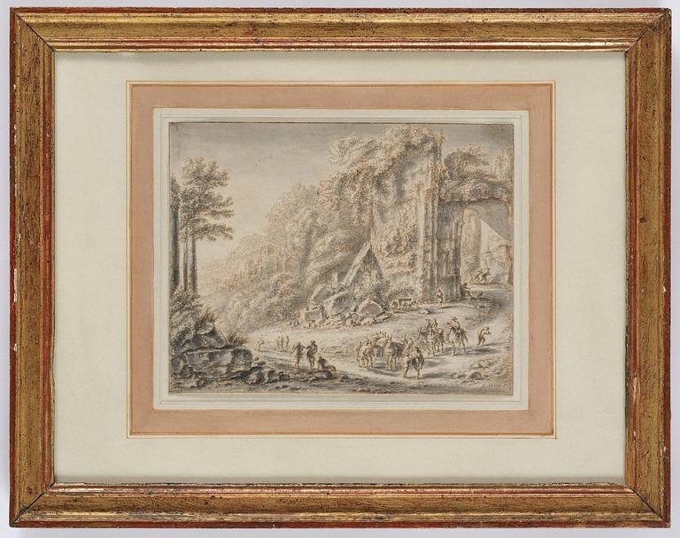 Gillis (Aegidius) Neyts, Ruined landscape with a travelling party.