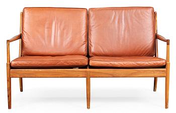973. An Ib Kofoed Larsen "Samsö" teak and brown leather sofa, OPE möbler, Sweden.