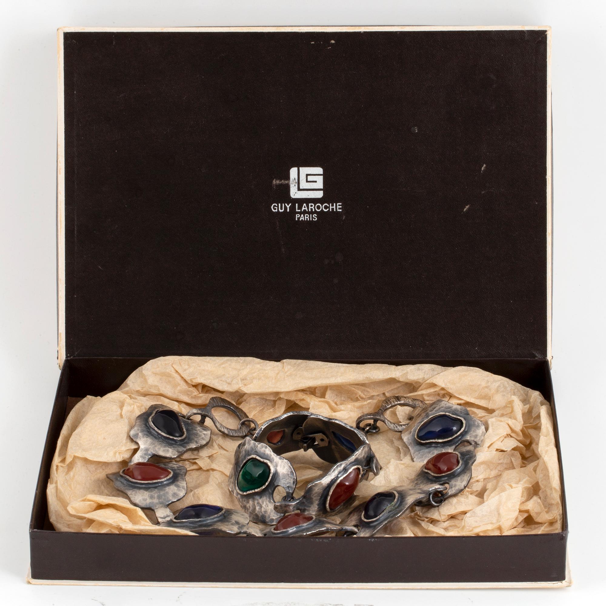 Guy Laroche necklace and bracelet, silver and paste, with box.