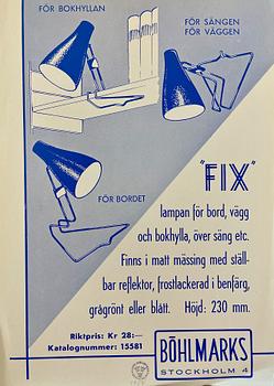 Arvid Böhlmarks Lampfabrik, bords/vägglampa, "Fix" modell 15581, Stockholm, 1950-tal.
