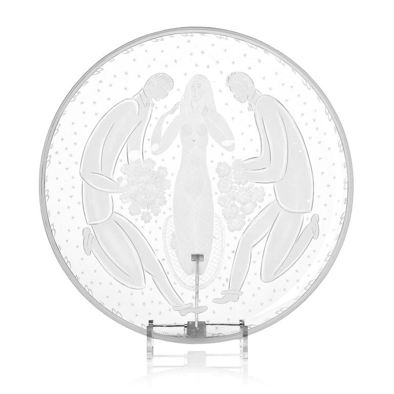 Edward Hald, "Rivalerna", an engraved glass tray, Orrefors, Sweden, ca. 1920.