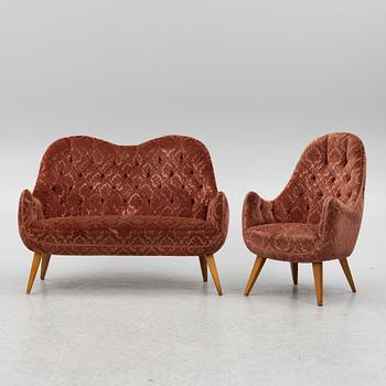 Sofa and armchair, Swedish Modern, Eks Malmö, mid-20th century.