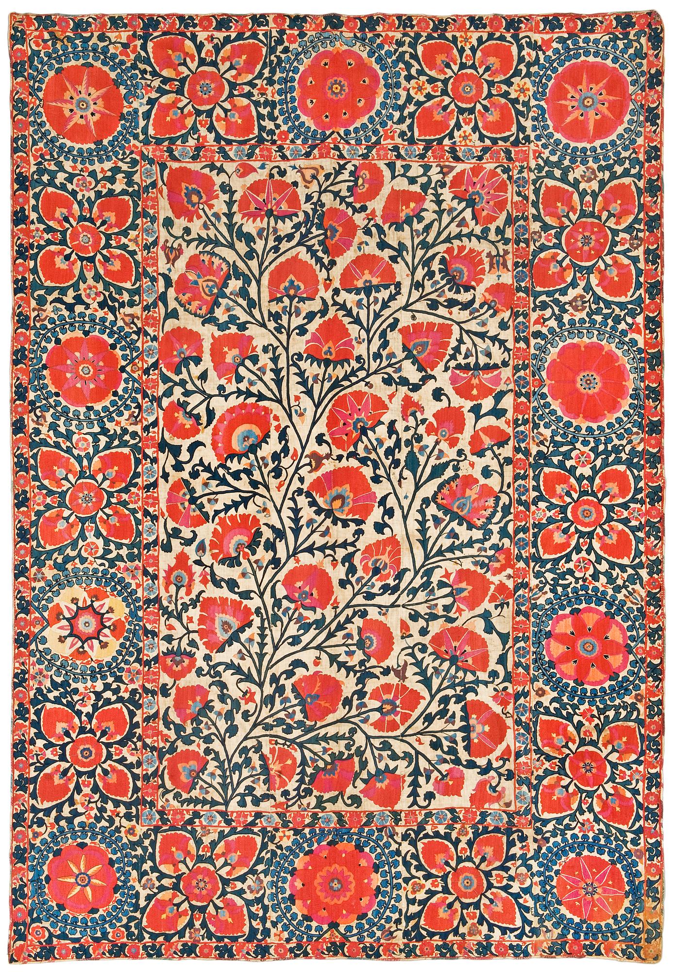 ANTIKT UZBEKISTANSKT SUZANI BRODERI. 263,5 x 186 cm.