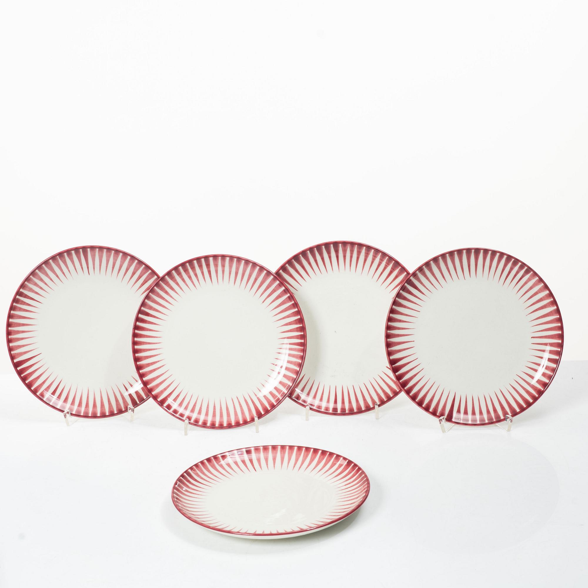 Eugen Trost, Five 'Red Zebra' cream-ware side plates. Uppsala-Ekeby Gefle.