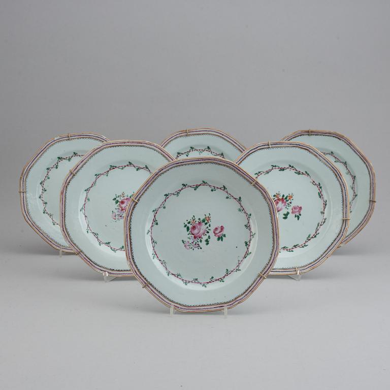 A set of 12 famille rose plates (6+6), Qing dynasty, Qianlong (1736-95).