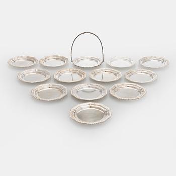 Lasinaluset telineessä, 12 kpl, hopeaa, Tšekkoslovakia 1950-luku.