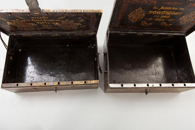 Two perisan metal safety boxes, early 20th Century, one of them with a Russian inkription and dating to 1928.