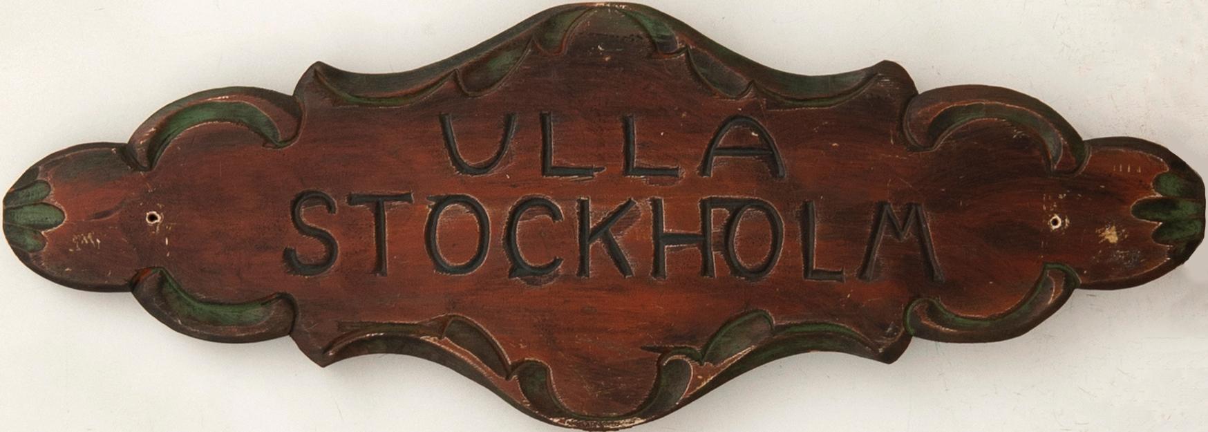 Namnskylt för båt "Ulla Stockholm" 1900-tal.