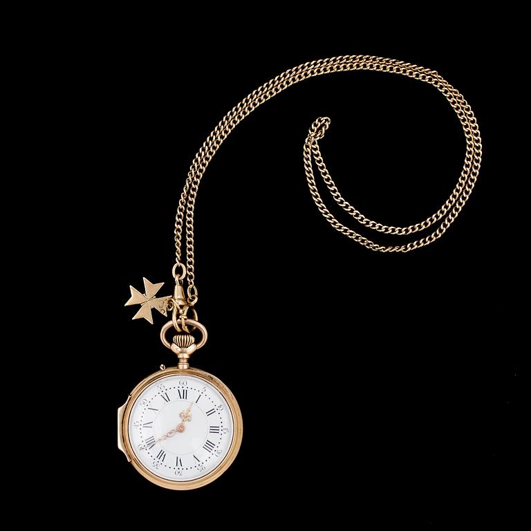 FICKUR, 18k guld, två boetter, Fritz Piguet & Bachmann, Genève, klockkedja 18k guld, vikt 11,6g.