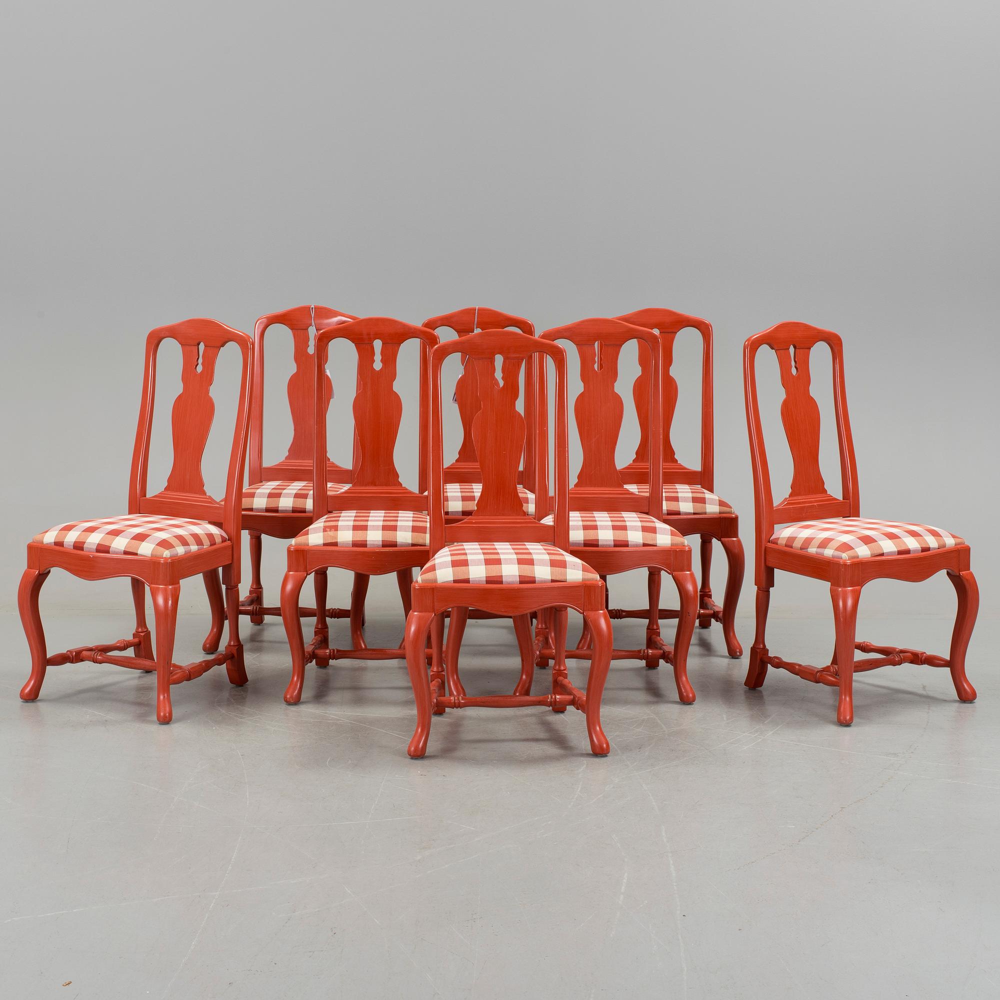 A SET OF EIGHT 1990's 18th CENTURY STYLE RED PAINTED CHAIRS.