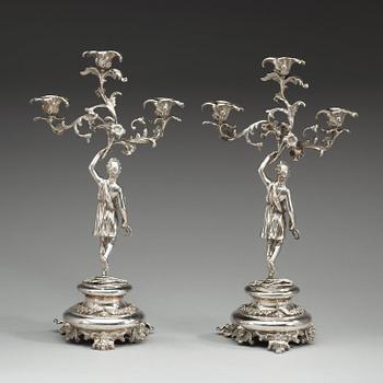 A pair of Swedish 19th century silver candelabra, makers mark of Gustaf Möllenborg, Stockholm 1864.