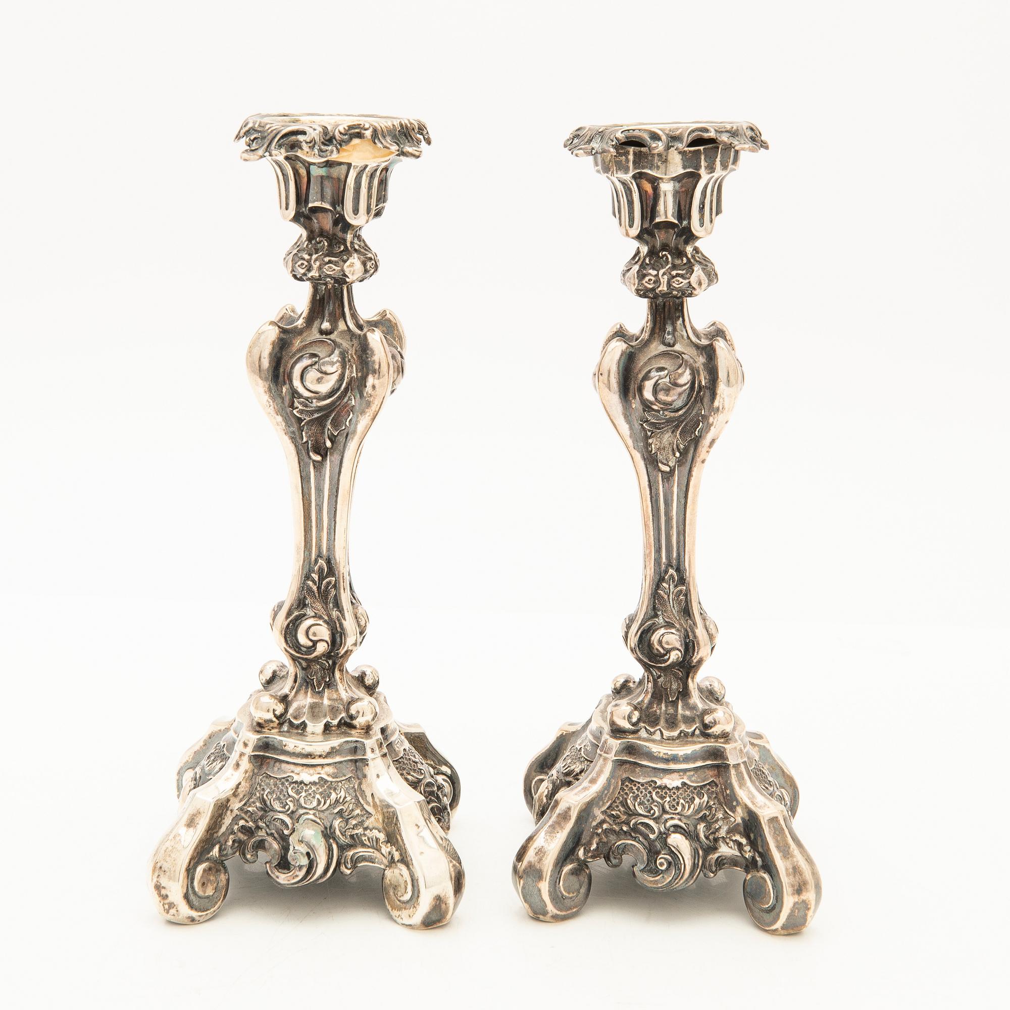 Candelsticks, a pair, neo-Rococo, silver, Gustav Möllenborg, Stockholm, 1842.