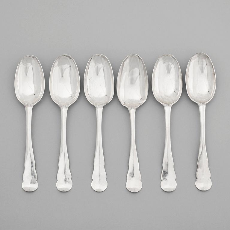 A set of six Swedish 18th century silver dinner-spoons, mark of Johan Leffler, Falun 1773.