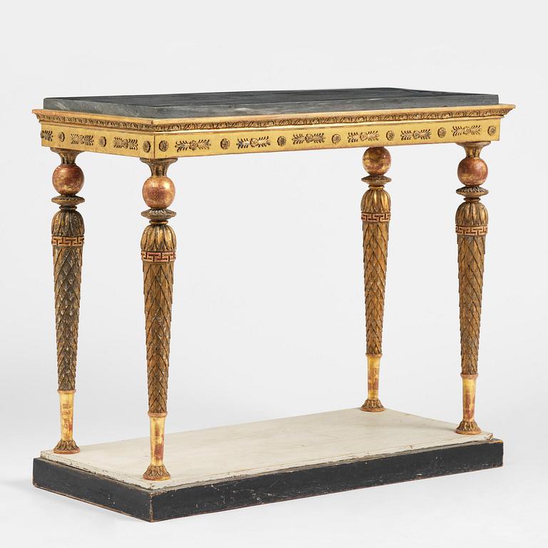 A late Gustavian giltwood console table in the manner of Jonas Frisk, Stockholm, circa 1800.