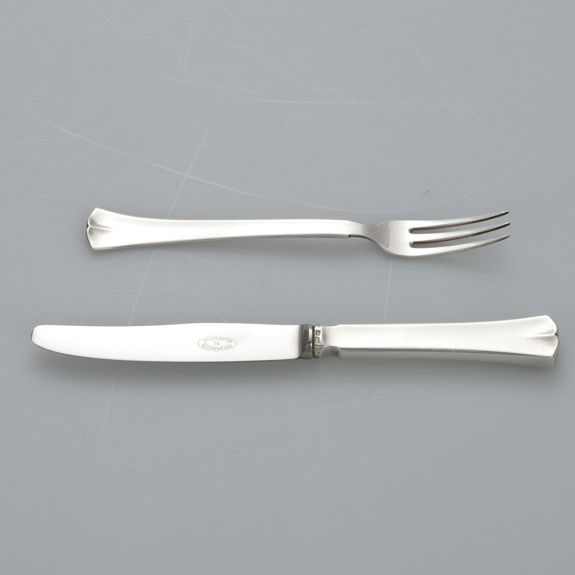 KAFFESERVIS, 3 delar, silver "Jousi" DESSERTBESTICK, 6+6, Kultakeskus, Tavastehus 1955-1975. Tot. vikt ca 1359 g.
