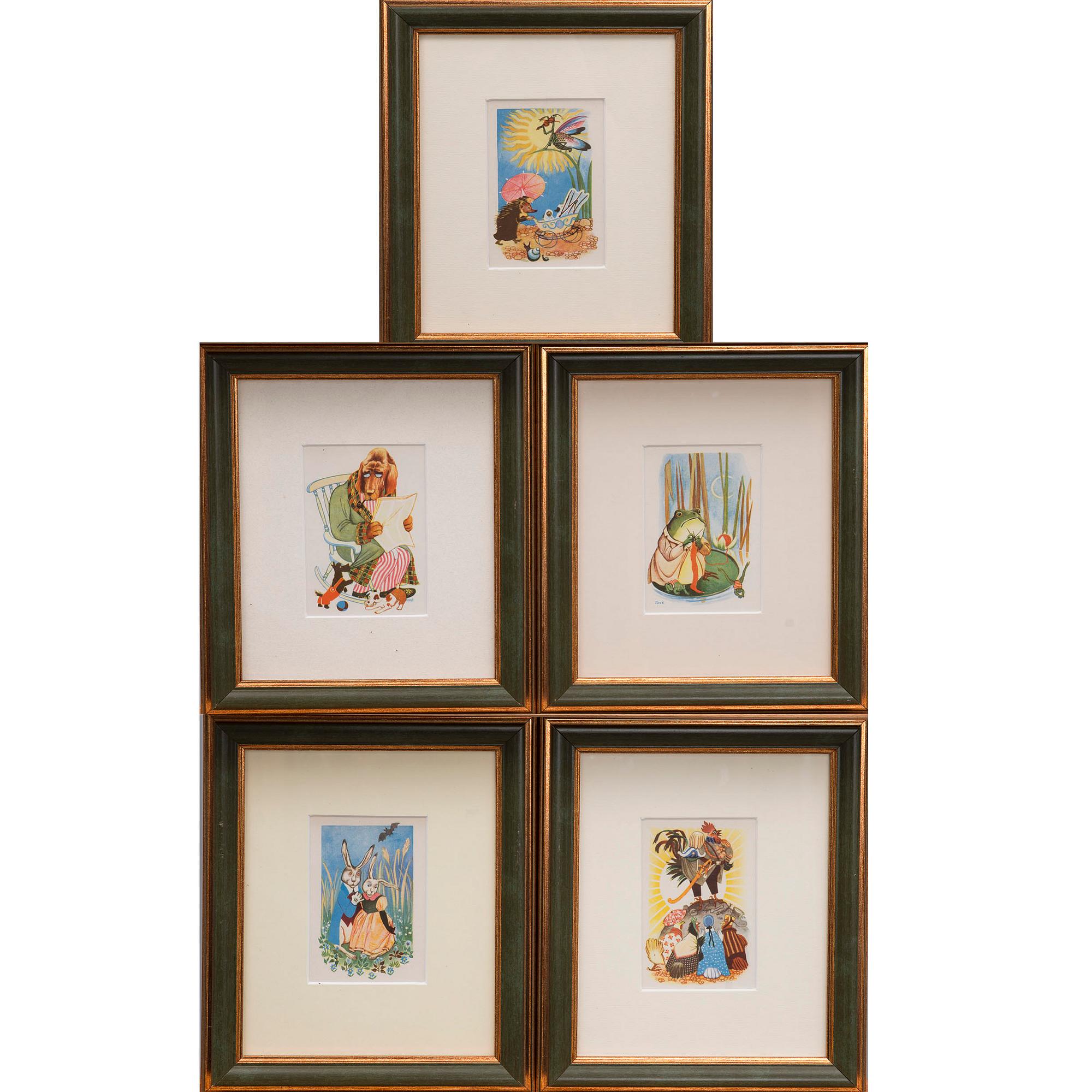 KONSTVYKORT, 5 st, efter Tove Jansson, 4 med synlig signering i trycket, Taidekorttikeskus 1940-tal.