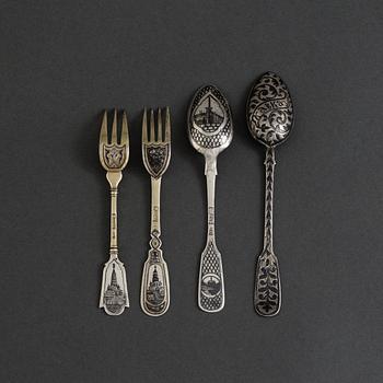 Two russian 19 th century silver forks and two spoons. 70 gram.