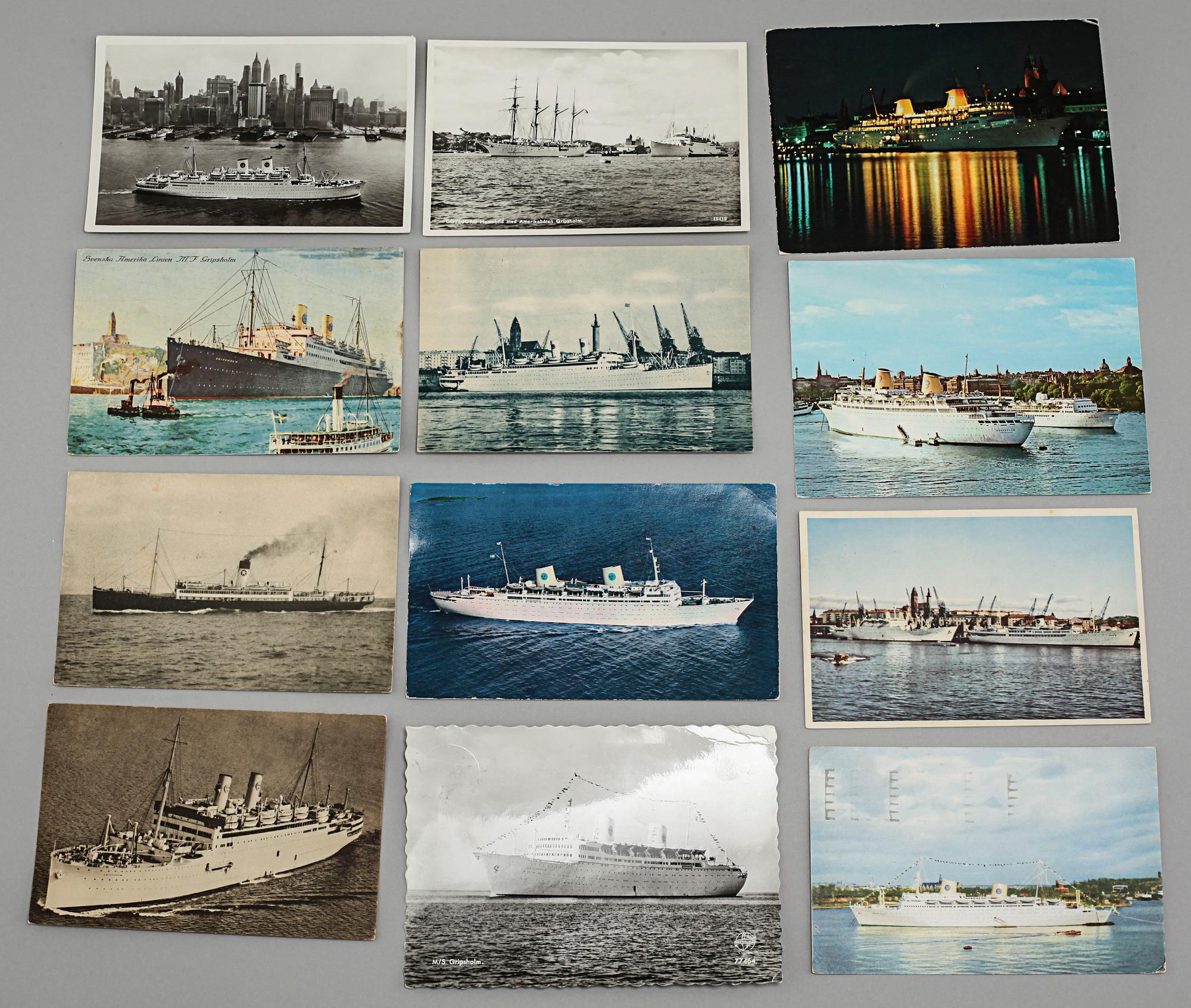 Memorabilia from the Swedish American Line, meny folders and postcards, 20th century.