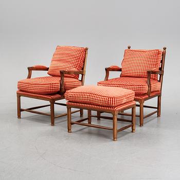A pair of Gustavian style armchairs with one stool, second half of the 20th Century.