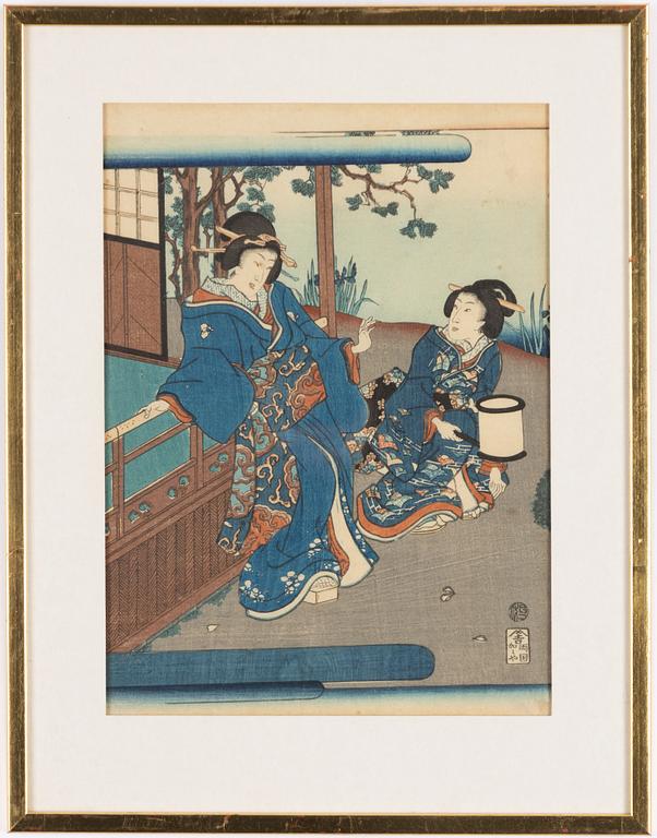 Three woodblock prints, including Utagawa Kunisada II and Toyoharu Kunichika, Japan.