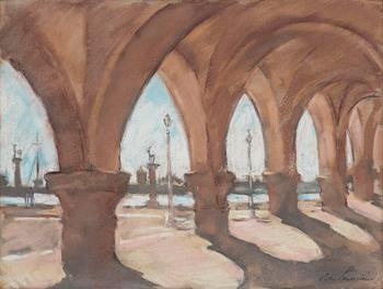 600. Lotte Laserstein, View over harbour through an arcade.